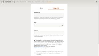 Lichess kayıt formu: Kullanıcı adı, Şifre ve E-posta alanları